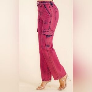 🌟 Fuchsia Button Closure Cargo Wide Leg Jeans